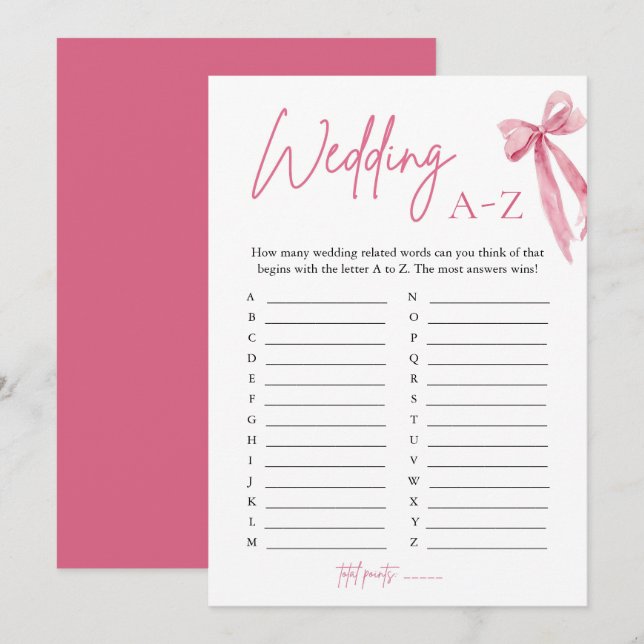 Elegant Pink Bow Wedding A-Z Bridal Shower Game Invitation (Front/Back)