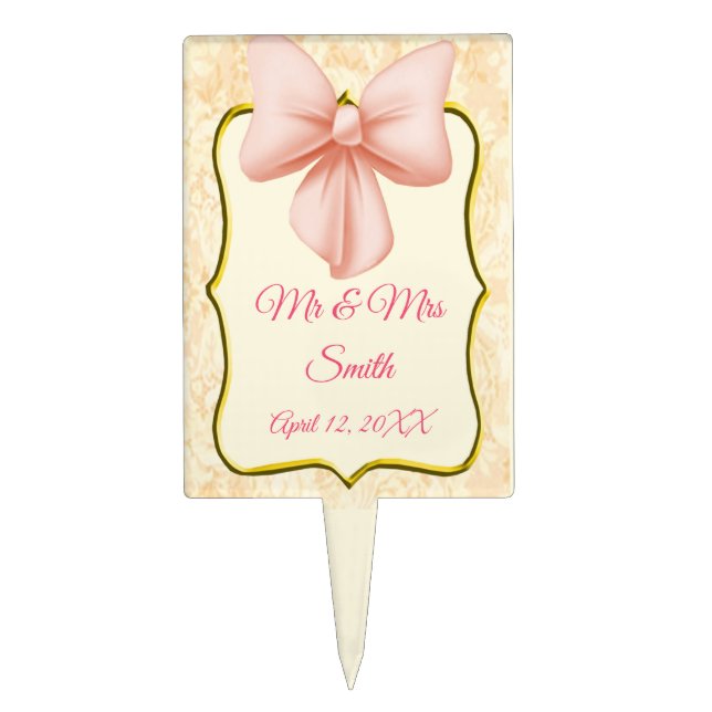 Elegant Pink Bow Wedding Cake Topper (Front)