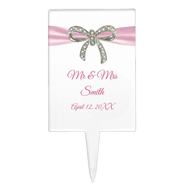 Elegant Pink Bow Wedding Cake Topper (Front)
