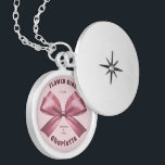 Elegant Pink Bow Wedding Favor for Flower Girl Locket Necklace<br><div class="desc">Pink satin ribbon bow on pastel pink background with custom names and date perfect gift for a flower girl, bridesmaids, maid of honor, mother of bride groom..</div>