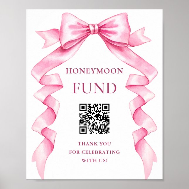 Elegant Pink Bow Wedding Honeymoon Fund Sign (Front)