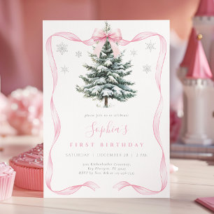 Elegant Pink Bow Winter Onderland First Birthday Invitation