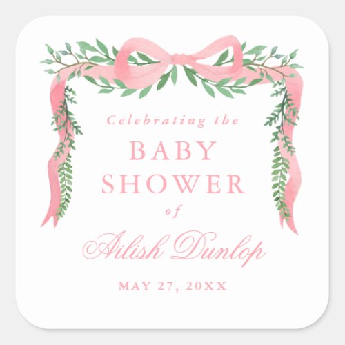 Elegant Pink Bow with Greenery Boy Baby Shower Square Sticker