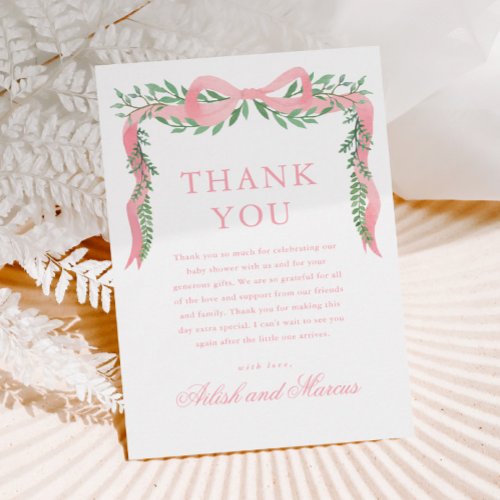 Elegant Pink Bow with Greenery Boy Baby Shower Thank You Card