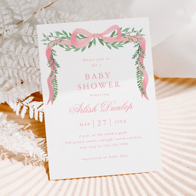 Elegant Pink Bow with Greenery Girl Baby Shower Invitation (Elegant Pink Bow Greenery Girl Baby Shower Invitation.)