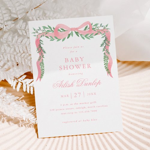 Elegant Pink Bow with Greenery Girl Baby Shower Magnetic Invitation