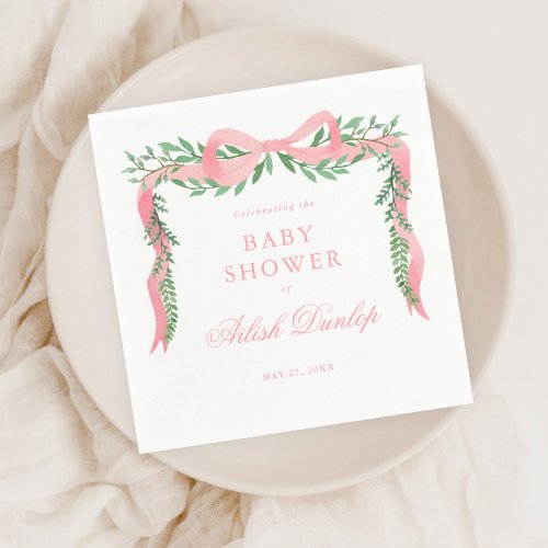 Elegant Pink Bow with Greenery Girl Baby Shower Napkins