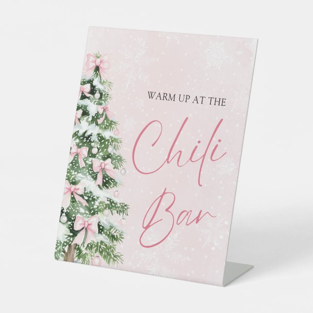 Elegant Pink Bows Christmas Tree Chili Bar Pedestal Sign (Front)
