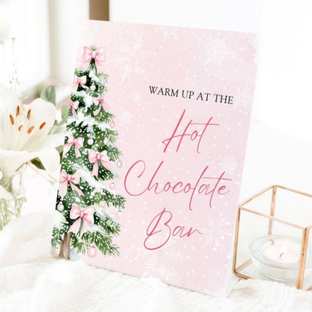 Elegant Pink Bows Christmas Tree Hot Chocolate Bar Pedestal Sign (Watercolor Pink Bows Christmas Tree Hot Cocoa Bar Sign)