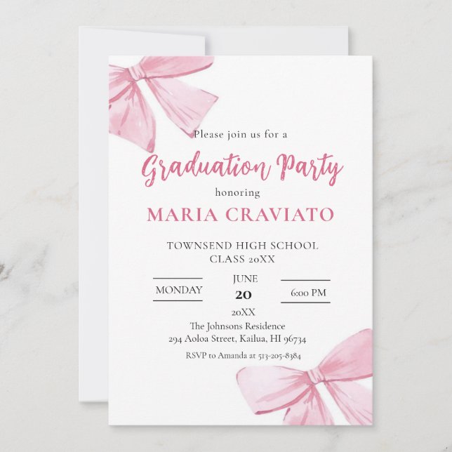 Elegant Pink Bows Graduation Party Invitation (Front)