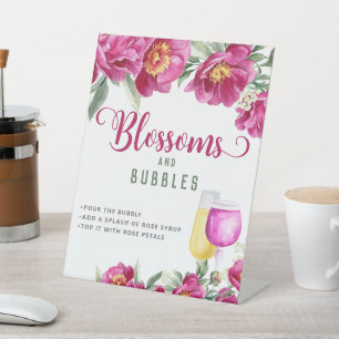 Elegant Pink Bridal Shower Blossoms & Bubbles Bar Pedestal Sign