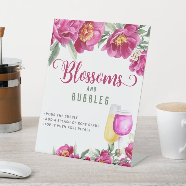 Elegant Pink Bridal Shower Blossoms & Bubbles Bar Pedestal Sign (In SItu)