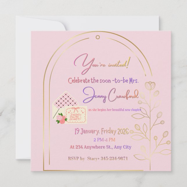 Elegant Pink Bridal Shower Invitation | Modern Gol (Front)