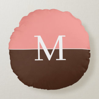 Elegant pink &brown monogram round pillow