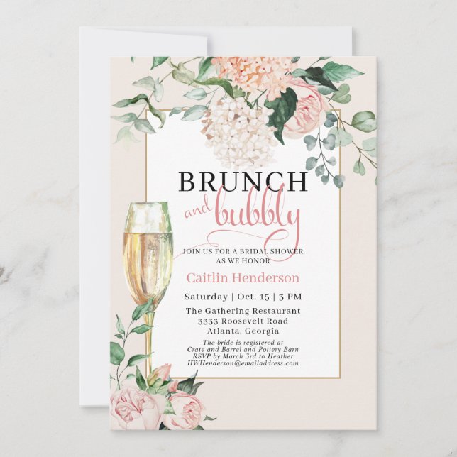 Elegant Pink Brunch and Bubbly Bridal Shower Invit Invitation (Front)