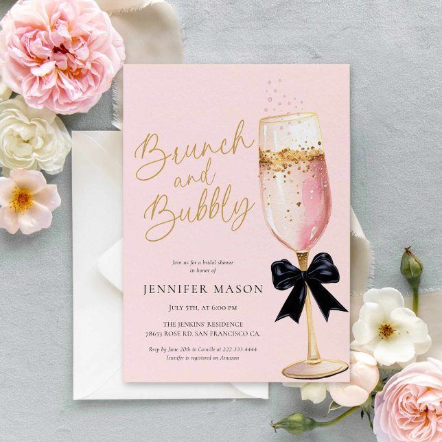 Elegant Pink Brunch and Bubbly Bridal Shower Invitation (PINK Champagne Brunch and bubbly Bridal Shower Invitation)