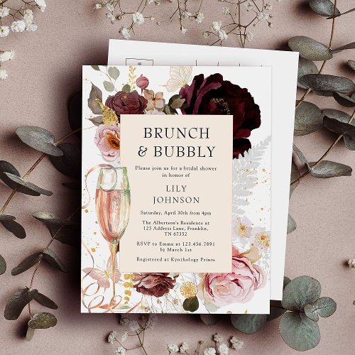 Elegant Pink Brunch  Bubbly Bridal Shower Invitation Postcard