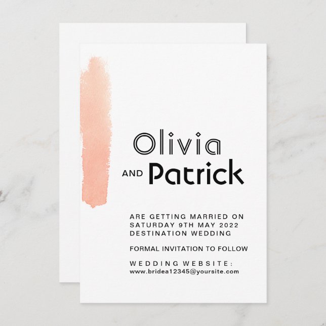 Elegant pink brush stroke. Modern simple Wedding Save The Date (Front/Back)