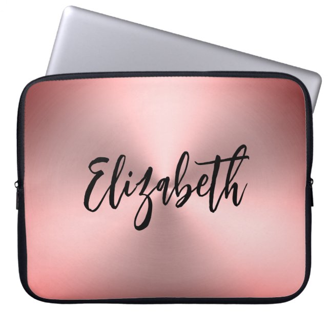 Elegant Pink Brushed Metal Look Black Script Name Laptop Sleeve (Front)
