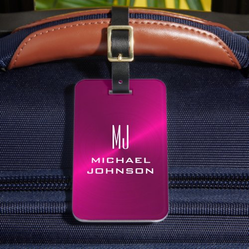 Elegant Pink Brushed Metallic Monogrammed Initial Luggage Tag