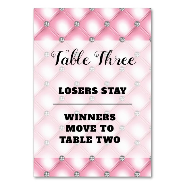 Elegant Pink Bunco Number Three Table Card (Front)