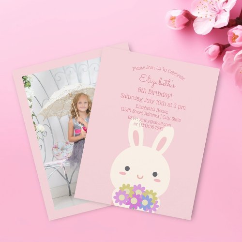 Elegant Pink Bunny and Flowers Girl Birthday Photo Invitation