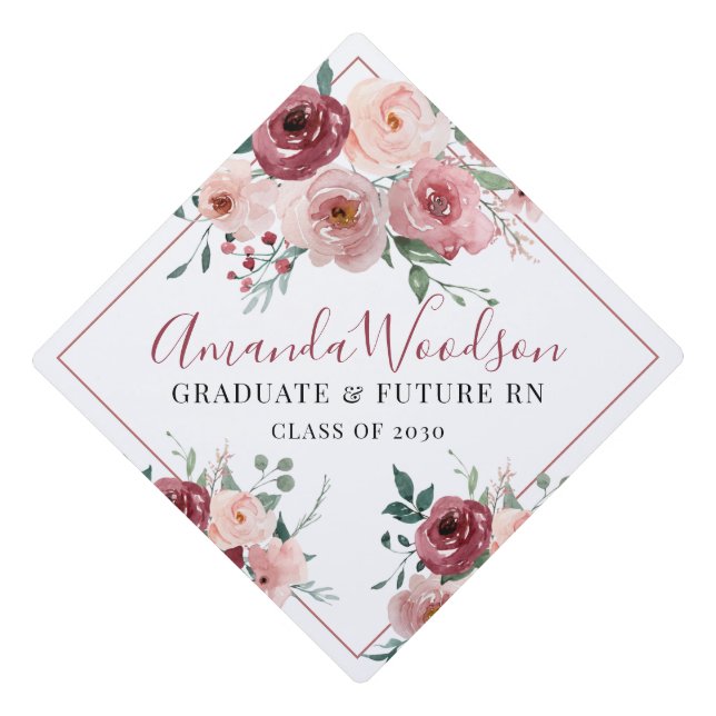 Elegant Pink Burgun Floral Graduating Nurse Graduation Cap Topper (Front)