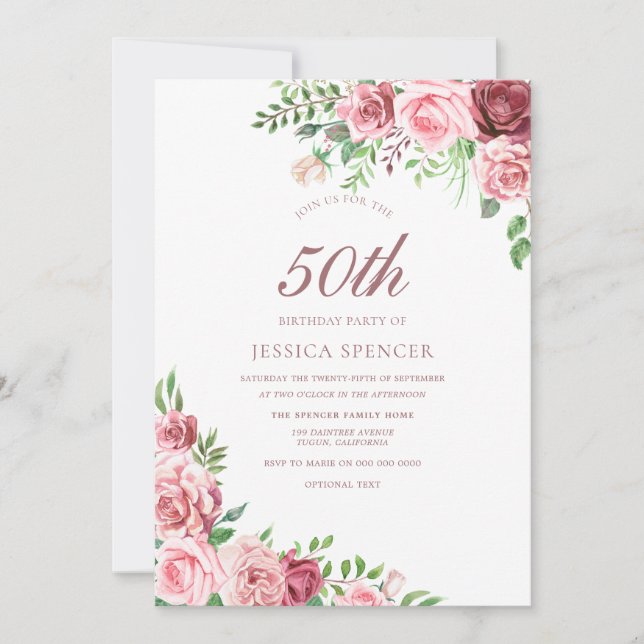 Elegant Pink & Burgundy 50th Birthday Invite (Front)