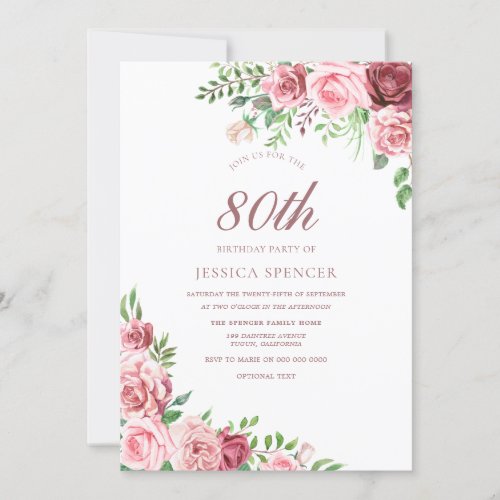 Elegant Pink  Burgundy 80th Birthday Invite