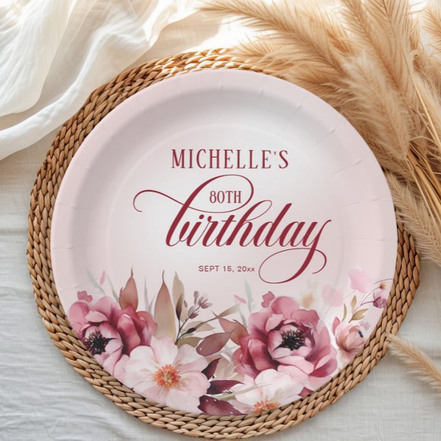 Elegant Pink Burgundy Floral 80th Birthday Paper Plates (Elegant burgundy and pink watercolor floral birthday party paper plate)