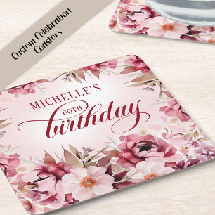 Elegant Pink Burgundy Floral 80th Birthday Square Paper Coaster