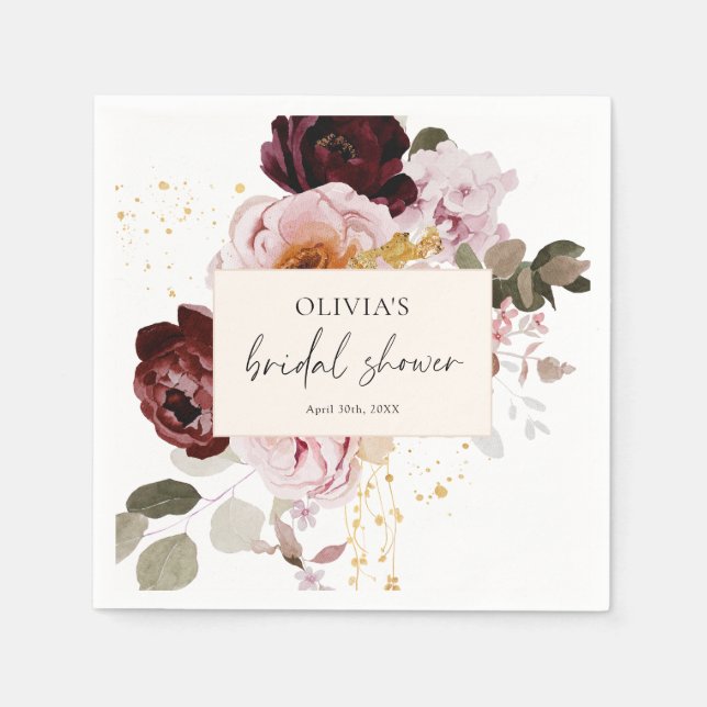 Elegant Pink Burgundy Floral Bridal Shower  Napkins (Front)
