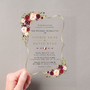 Elegant Pink Burgundy Floral Gold Marble Wedding Acrylic Invitations