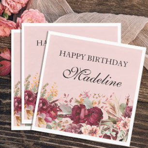 Elegant Pink Burgundy Floral Happy Birthday Napkins