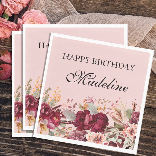 Elegant Pink Burgundy Floral Happy Birthday Napkins (Creator Uploaded)