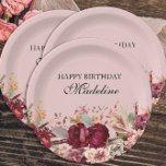 Elegant Pink Burgundy Floral Happy Birthday Paper Plates<br><div class="desc">Elegant pink and burgundy watercolor floral and greenery birthday party paper plates. Personalized with the name of the guest of honor.  Contact me for assistance with customization or to request additional matching or coordinating Zazzle products for your celebration.</div>