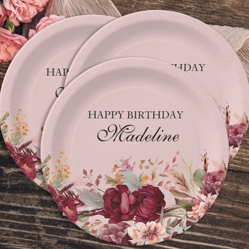Elegant Pink Burgundy Floral Happy Birthday Paper Plates