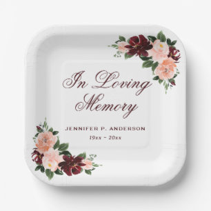 Elegant Pink Burgundy Floral Memorial Funeral Paper Plates