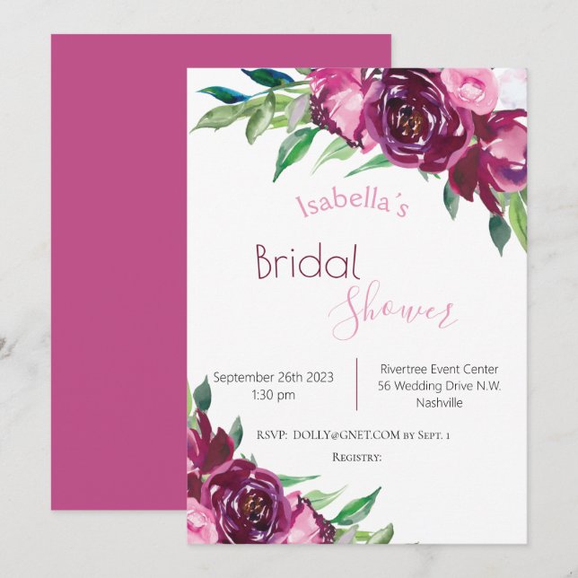 Elegant Pink Burgundy Floral Modern Bridal Shower Invitation (Front/Back)