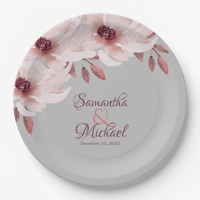 Elegant Pink Burgundy Floral Rust Leaves Wedding Paper Plates (Front)
