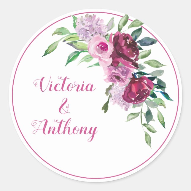 Elegant Pink Burgundy Floral Script Wedding Classic Round Sticker (Front)