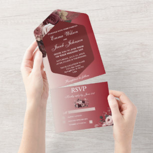 Elegant Pink Burgundy Floral Watercolor Wedding All In One Invitation