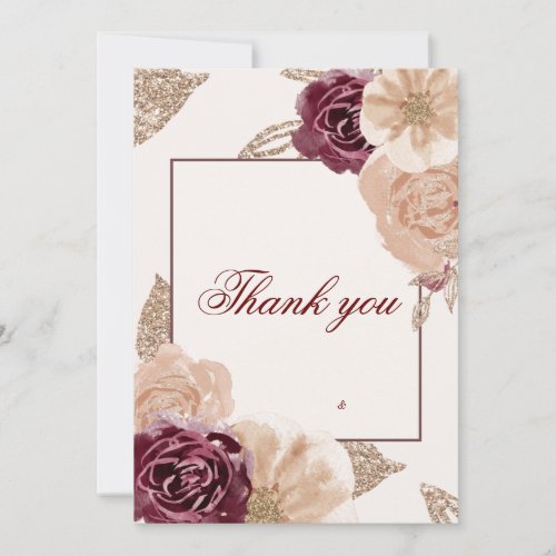 Elegant Pink Burgundy Floral Wedding Photo Thank You Card