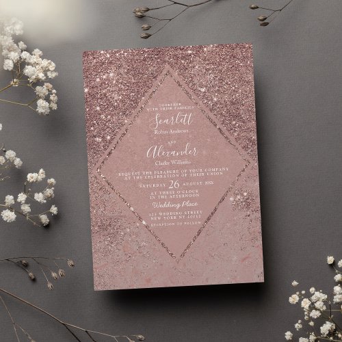 Elegant pink burgundy glitter marble Wedding Invitation