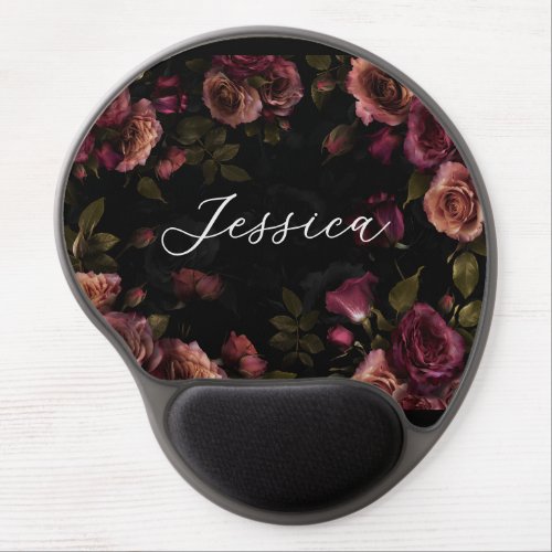 Elegant Pink Burgundy Moody Botanical Floral Gel Mouse Pad