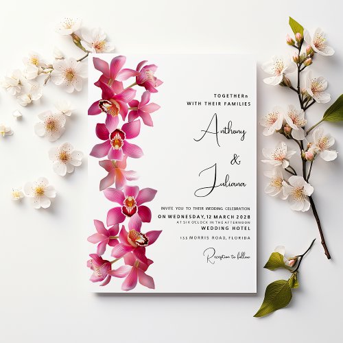 Elegant pink burgundy orchids flowers Wedding Invitation