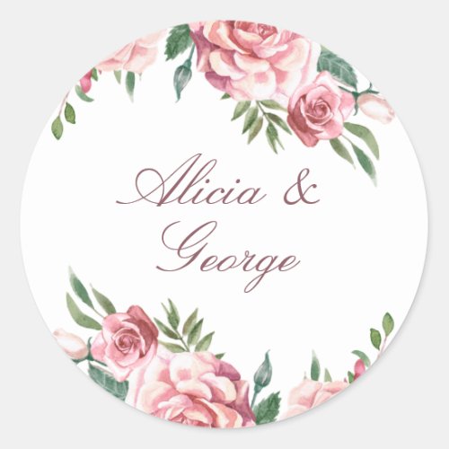 Elegant pink burgundy roses script wedding favor  classic round sticker