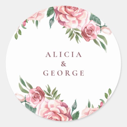 Elegant pink burgundy roses wedding favor classic  classic round sticker