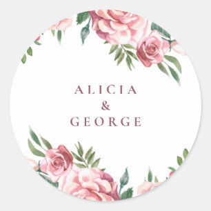 Elegant pink burgundy roses wedding favor classic  round sticker