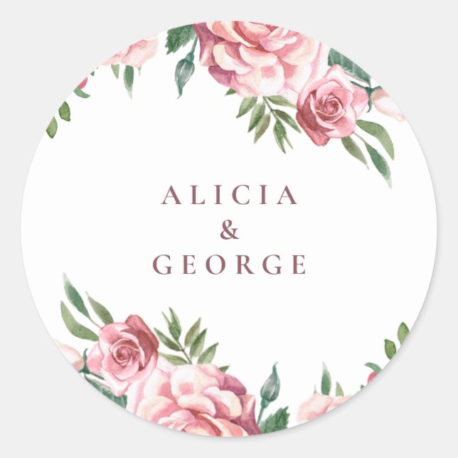 Elegant pink burgundy roses wedding favor classic  round sticker (Front)